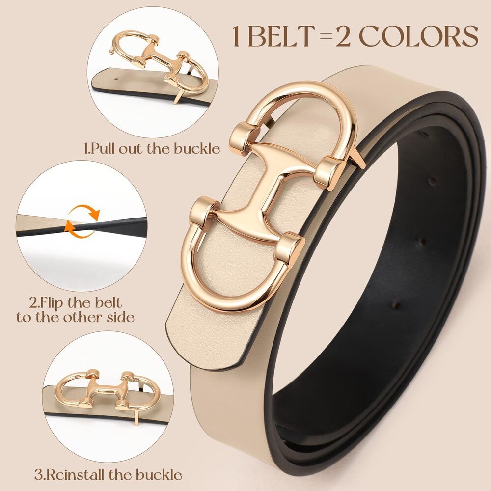 6739 Women Reversible Leather Belt Two-in-one Ladies Belts With Gold Buckle - Picture 3 of 6